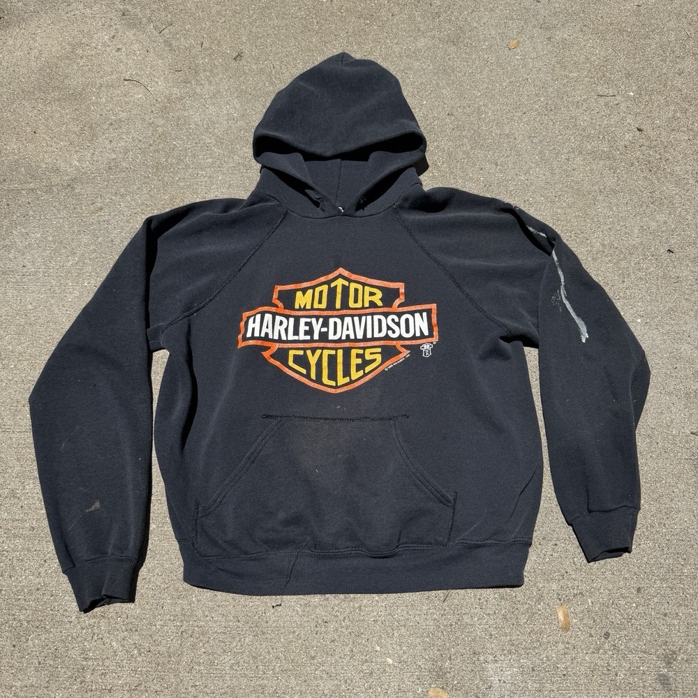 Vintage 80s Harley Davidson Hoodie Sweatshirt Medium Black Detroit Distressed - Picture 2 of 12